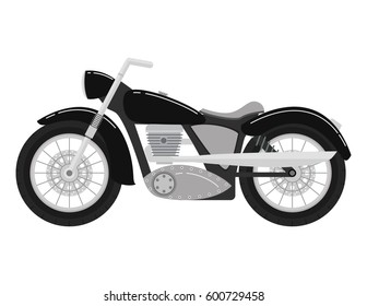 Retro vintage classical motorcycle of black color. Two-wheeled vehicle. In flat style a vector. A design concept an icon for the websites and children's toys.