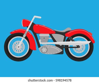 Retro vintage classical motorcycle of red color. Two-wheeled vehicle. In flat style a vector. A design concept an icon for the websites and children's toys.