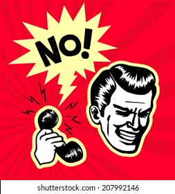 Retro vintage clipart: point-blank rejection, annoying telemarketing call center clerk gets an emphatic no