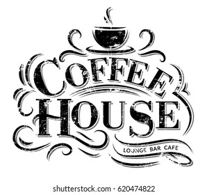 Retro Vintage Coffee House Logo with Lettering. Coffee House Label with flourish ornaments. Grunge coffee logo.