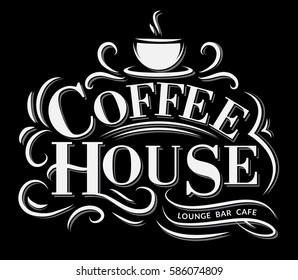 Retro Vintage Coffee Logo with Lettering. Coffee House Label with flourish ornaments.