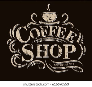 Retro Vintage Coffee Logo with Lettering. Coffee Shop Label with flourish ornaments.