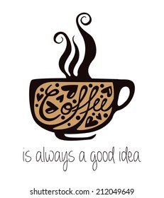 Retro Vintage Coffee Sign with Typography, Vector Coffee Cup 