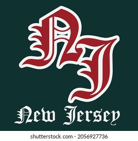 Retro vintage college varsity new jersey state slogan with gothic letter font for graphic tee t shirt or embroidery patch - Vector