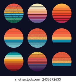 Retro vintage color background illustrations Shape 9 piece set. Vintage sunset collection in 70s 80s style. Regular and distressed retro sunset set with textured versions