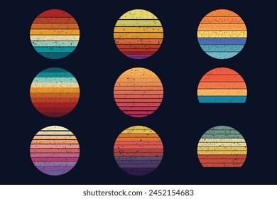 Retro vintage color background illustrations Shape 9 piece set. Vintage sunset collection in 70s 80s style. Regular and distressed retro sunset set