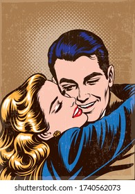 Retro vintage comic romantic couple hugging each other with happy smiles