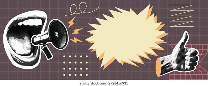 Retro vintage estilo cómico pop art medio tono punteado Shouting Mouth, recortes de papel con megáfono y pulgar dedo mano Plantilla con espacio de copia, estilo retro para el anuncio adecuado para la Plantilla de medios sociales de promoción de eventos, Anuncio, Sitio web encabezado