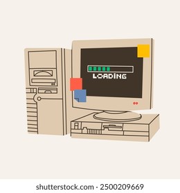Retro vintage Computer. Old PC with stickers. Loading bar on monitor. Old style technology. Hand drawn trendy Vector illustration. Isolated design element. Vintage gadget. Print, logo, design template