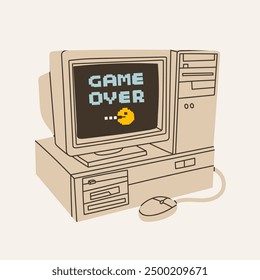 Retro vintage Computer. Old PC. Game over text on monitor screen. Old style technology. Hand drawn trendy Vector illustration. Isolated design element. Vintage gadget. Print, logo, design template