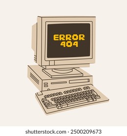 Retro vintage Computer. Old PC. Error 404 text on monitor screen. Old style technology. Hand drawn trendy Vector illustration. Isolated design element. Vintage gadget. Print, logo, design template