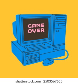 Retro vintage Computer. Old PC. Game over text on monitor screen. Old style technology. Hand drawn trendy Vector illustration. Isolated design element. Vintage gadget. Print, logo, design template