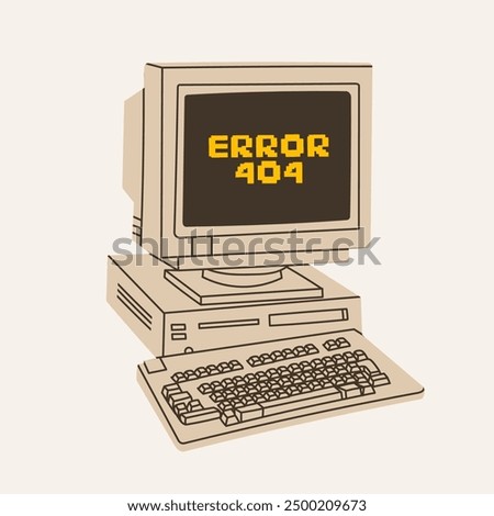 Retro vintage Computer. Old PC. Error 404 text on monitor screen. Old style technology. Hand drawn trendy Vector illustration. Isolated design element. Vintage gadget. Print, logo, design template