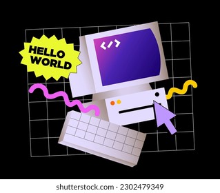 Retro vintage computer or pc system unit and keyboard in vaporwave aesthetic, 90s, 00s style. Nostalgic desktop vector illustration.