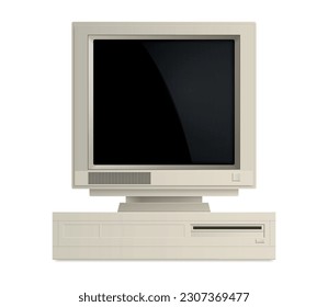 Retro vintage computer realistic composition with isolated front view of personal computer with display on mainframe vector illustration