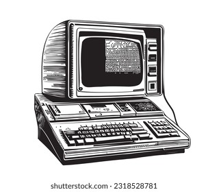 Retro vintage computer sketch hand drawn in doodle style illustration