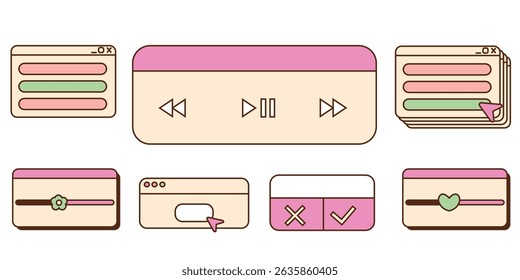 Retro vintage computer window vaporwave old desktop user interface elements. Nostalgic cute technic arrows, download icons, hipster message, cloud vector illustration set.