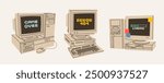 Retro vintage Computers set. Old PC with monitor, keyboard. Old style technology. Hand drawn trendy Vector illustration. Isolated design elements. Vintage gadgets. Print, logo, design templates