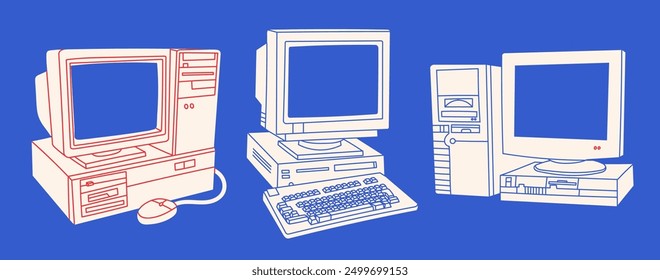 Retro-Vintage-Computer eingestellt. Alter PC mit Monitor, Tastatur. Alte Technologie. Handgezeichnete trendige Vektorgrafik. Isolierte Konstruktionselemente. Vintage-Gadgets. Druck, Logo, Designvorlagen