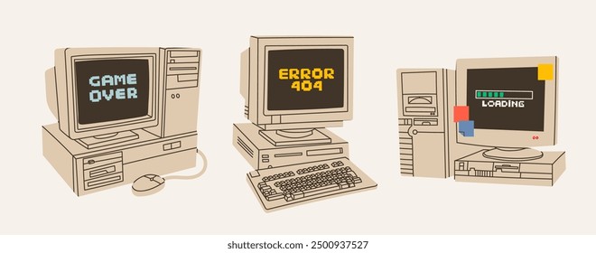 Retro vintage Computers set. Old PC with monitor, keyboard. Old style technology. Hand drawn trendy Vector illustration. Isolated design elements. Vintage gadgets. Print, logo, design templates