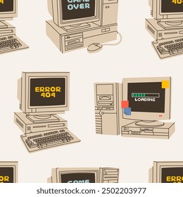 Retro vintage Computers set. Old PC with monitor, keyboard. Old style technology. Hand drawn trendy Vector illustration. Vintage gadgets. Square seamless Pattern. Background, wallpaper