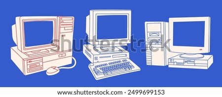 Retro vintage Computers set. Old PC with monitor, keyboard. Old style technology. Hand drawn trendy Vector illustration. Isolated design elements. Vintage gadgets. Print, logo, design templates