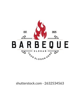 retro vintage conceito logotipo design churrasqueira churrasqueira com conceito simples de grelha de carne, símbolo modelo ilustração com fogo e design espátula para marca de restaurante, bar, café, loja