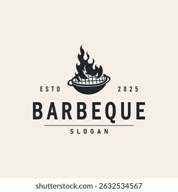 retro vintage concept logo design barbeque bbq grill with simple concept of meat grill, symbol template illustration with fire and spatula design for restaurant brand, bar, cafe, shop