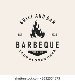 retro vintage conceito logotipo design churrasqueira churrasqueira com conceito simples de grelha de carne, símbolo modelo ilustração com fogo e design espátula para marca de restaurante, bar, café, loja