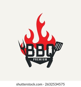 retro vintage conceito logotipo design churrasqueira churrasqueira com conceito simples de grelha de carne, símbolo modelo ilustração com fogo e design espátula para marca de restaurante, bar, café, loja