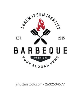 retro vintage conceito logotipo design churrasqueira churrasqueira com conceito simples de grelha de carne, símbolo modelo ilustração com fogo e design espátula para marca de restaurante, bar, café, loja