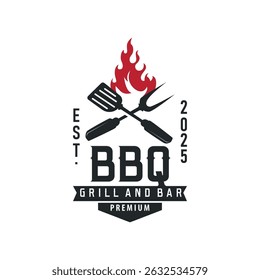 retro vintage conceito logotipo design churrasqueira churrasqueira com conceito simples de grelha de carne, símbolo modelo ilustração com fogo e design espátula para marca de restaurante, bar, café, loja