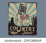retro vintage country music festival vector design, western music fest artwork, vintage microphone with rose vector, cowboy song fest design for t shirt, sticker, poster, graphic print, myrealholiday