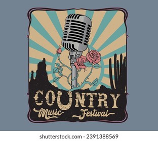 diseño vectorial del festival de música de campo retro vintage, arte del festival de música occidental, micrófono vintage con vector de rosa, diseño del festival de la canción cowboy para camisetas, sticker, afiche, impresión gráfica, mirealnavidad