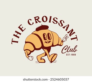 retro vintage croissant cartoon vector design, vintage bakery funny graphic art with typography, croissant artwork for t shirt, sticker, print 