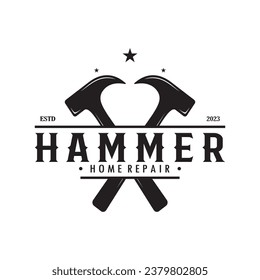 retro vintage crossed hammer and nail logo for home repair services, carpentry, badges, builders, woodworking, construction, vector