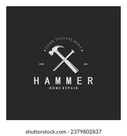 retro vintage crossed hammer and nail logo for home repair services, carpentry, badges, builders, woodworking, construction, vector