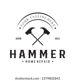 retro vintage crossed hammer and nail logo for home repair services, carpentry, badges, builders, woodworking, construction, vector