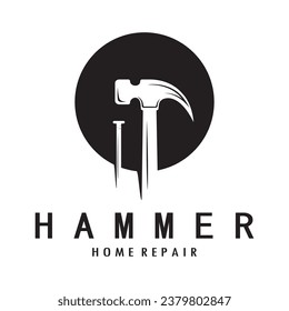 retro vintage crossed hammer and nail logo for home repair services, carpentry, badges, builders, woodworking, construction, vector