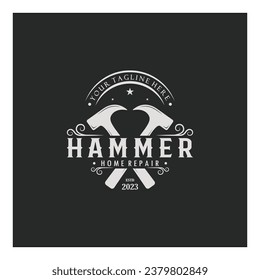retro vintage crossed hammer and nail logo for home repair services, carpentry, badges, builders, woodworking, construction, vector
