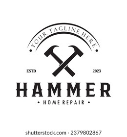 retro vintage crossed hammer and nail logo for home repair services, carpentry, badges, builders, woodworking, construction, vector