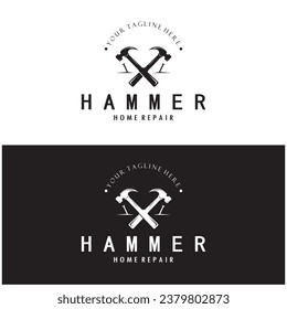 retro vintage crossed hammer and nail logo for home repair services, carpentry, badges, builders, woodworking, construction, vector