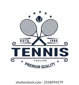 Retro Vintage Crossed Tennis Racket and Ball Logo Design, Sports Tournament Vector Illustration