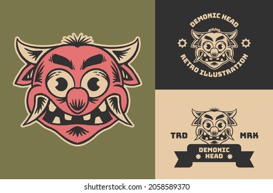 Retro Vintage Cute Demon Head Illustration