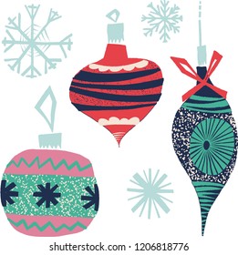 Retro vintage cute graphic winter holiday new year Christmas tree toys vector hand illustration. Perfect for cards, textile, wallpaper, background