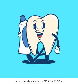 Retro vintage dental teeth holding toothpaste cartoon mascot logo illustration