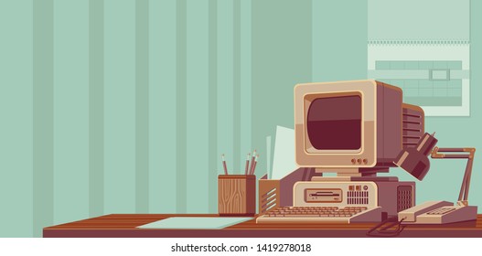 Retro vintage descktop computer 80's 90's technology office vector illustration