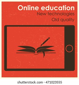 Retro vintage design cover with mobile phone and book vector illustration. Creative online education concept background.