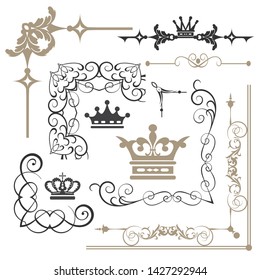 Retro vintage design elements for page decorations - corner ornament, calligraphy swirls, crowns, scroll