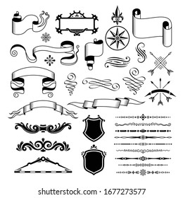 Retro vintage design elements set with isolated decorations shields and empty ribbons with ornate divider lines vector illustration